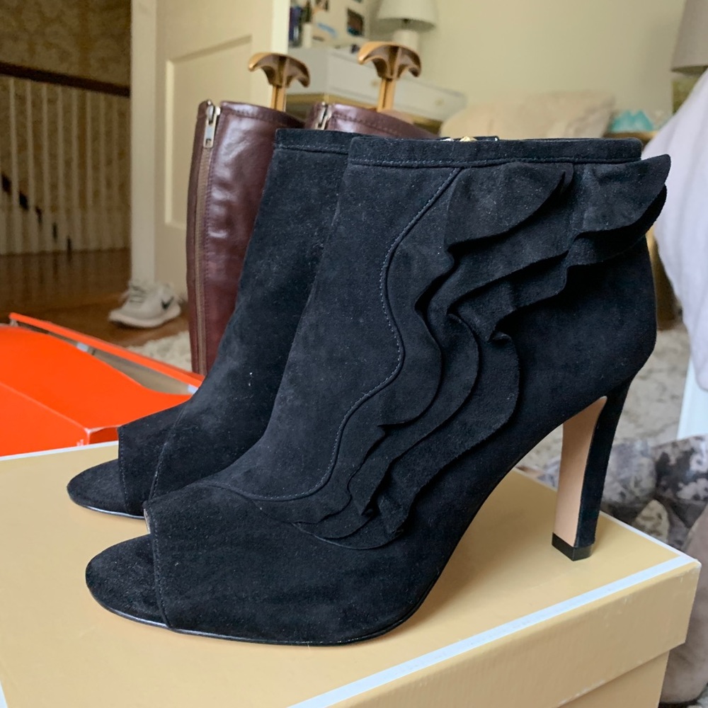 Suede Peep Toe Ruffle Bootie - Picture 2 of 3